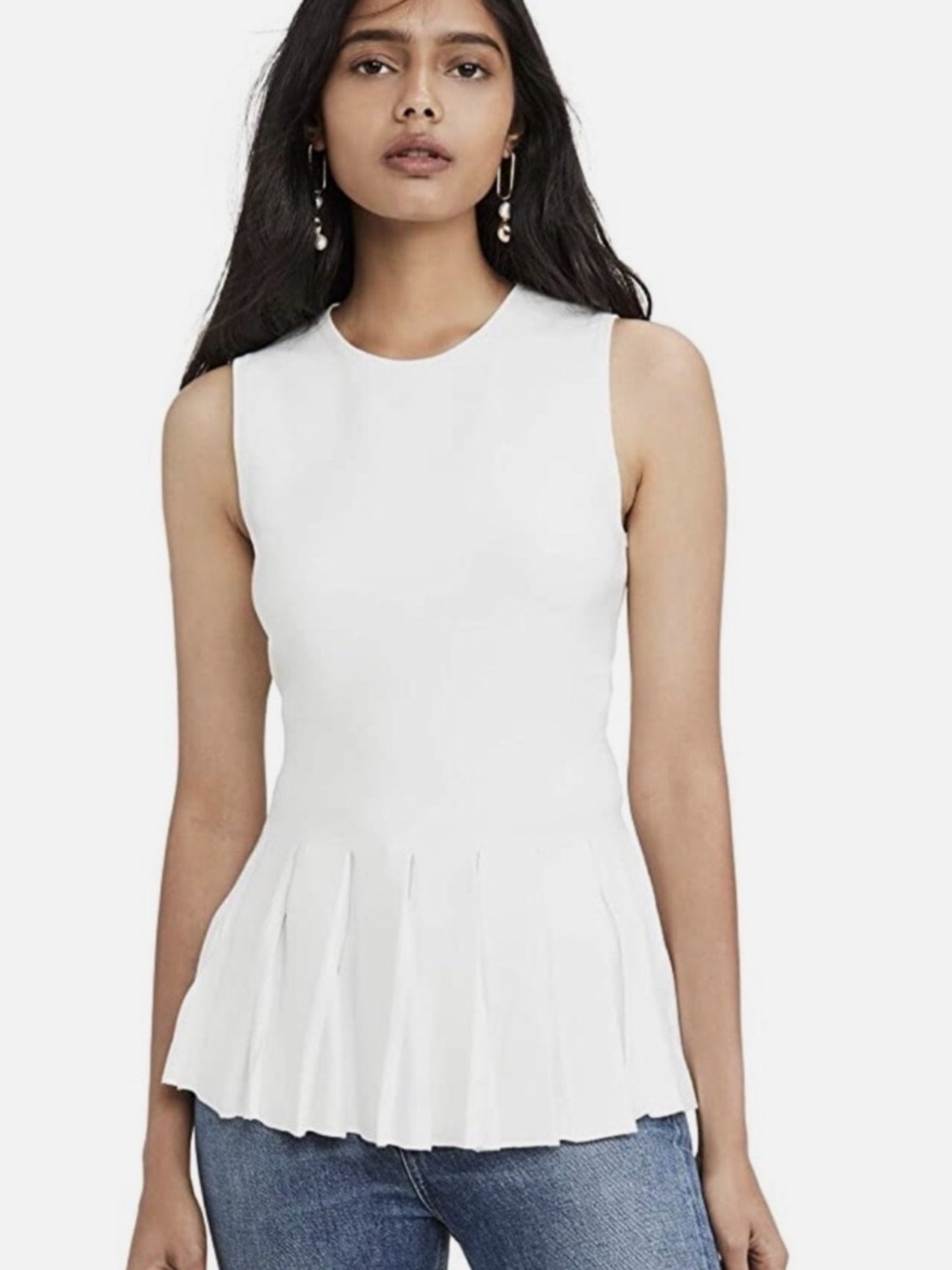 Theory White Sleeveless Pleated Peplum Top